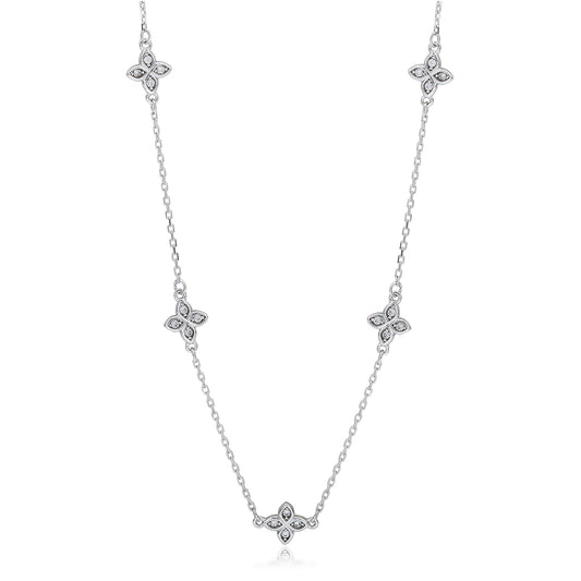 Suzy Levian Sterling Silver White Cubic Zirconia Flower Station Necklace