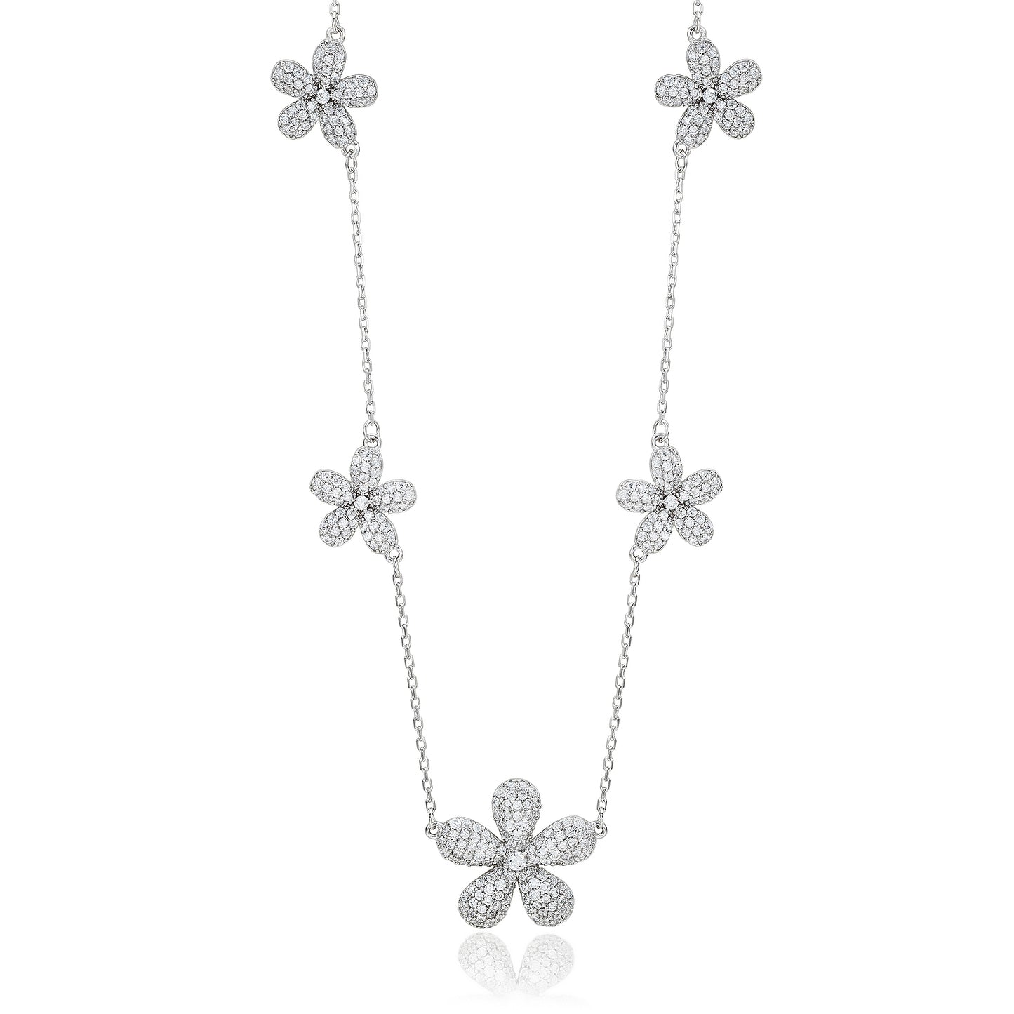 Suzy Levian Sterling Silver White Cubic Zirconia Pave Flower Station Necklace