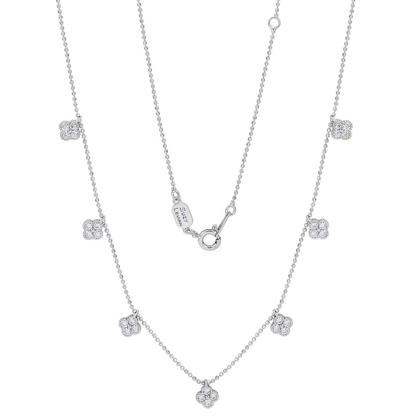 Suzy Levian Sterling Silver White Cubic Zirconia Clover Drop Station Necklace