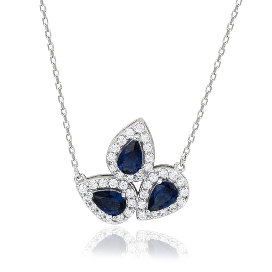 Suzy Levian Sterling White Silver Pear Shape Blue & White Cubic Zirconia Drop Necklace