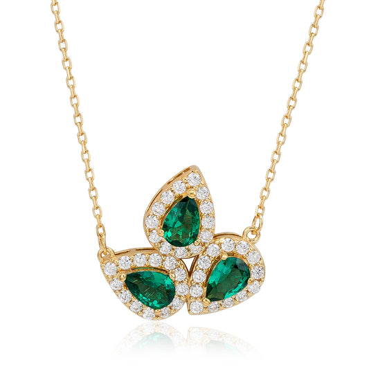 Suzy Levian Yellow Sterling White Silver Pear Shape Green & White Cubic Zirconia Drop Necklace