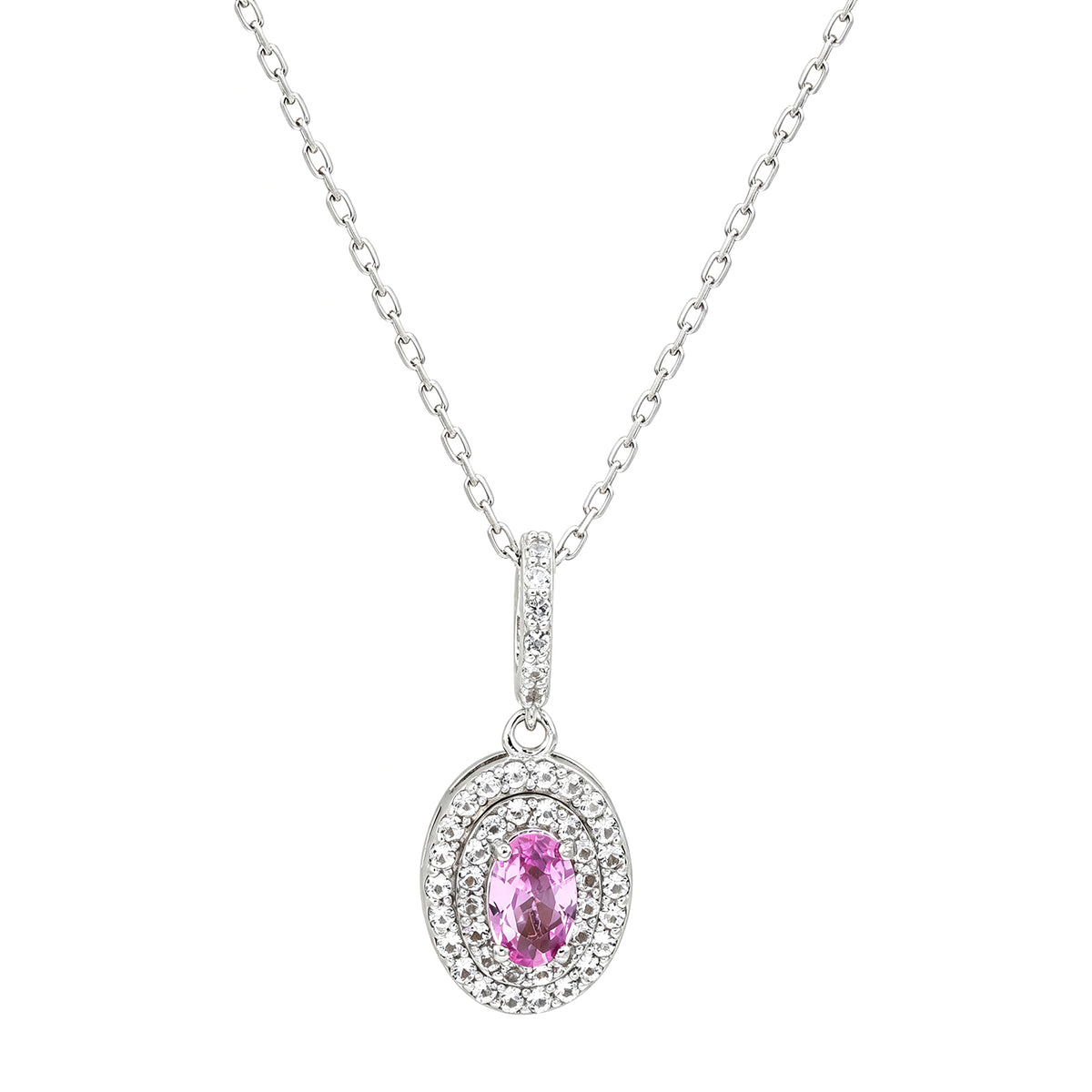 Suzy Levian Sterling Silver Pink Sapphire & Created White Sapphire Double Halo Pendant Necklace