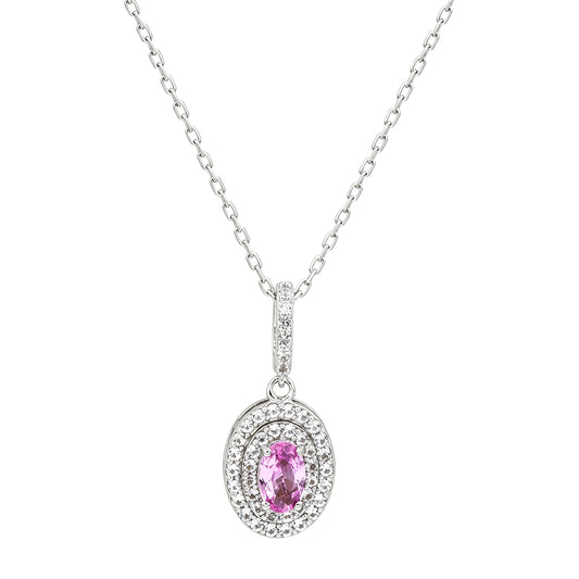 Suzy Levian Sterling Silver Pink Sapphire & Created White Sapphire Double Halo Pendant Necklace