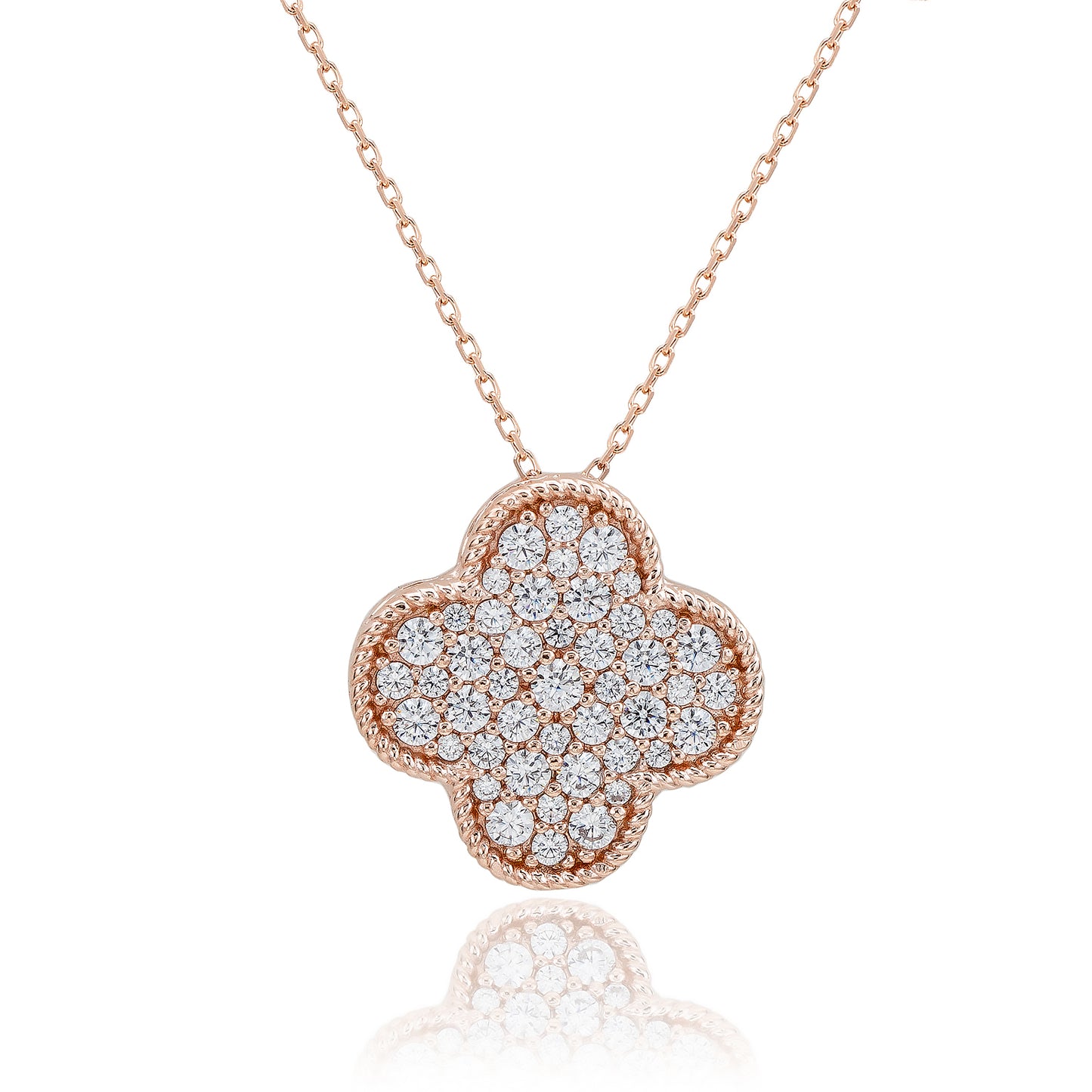 Suzy Levian Rose Sterling Silver White Cubic Zirconia Pave Large Flower Clover Pendant Necklace