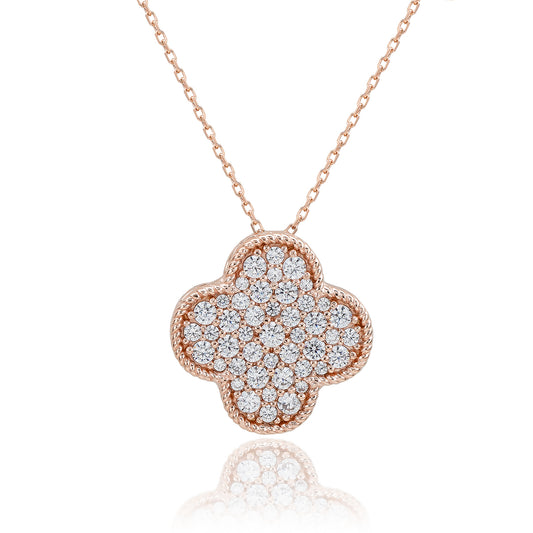 Suzy Levian Rose Sterling Silver White Cubic Zirconia Pave Large Flower Clover Pendant Necklace