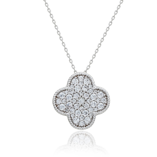 Suzy Levian Sterling Silver White Cubic Zirconia Pave Large Flower Clover Pendant Necklace