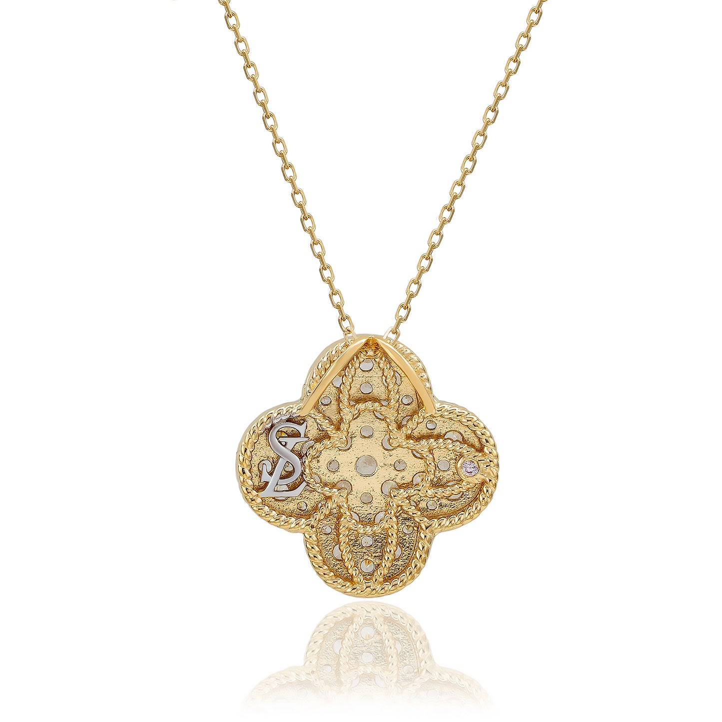 Suzy Levian Yellow Sterling Silver White Cubic Zirconia Pave Large Flower Clover Pendant Necklace