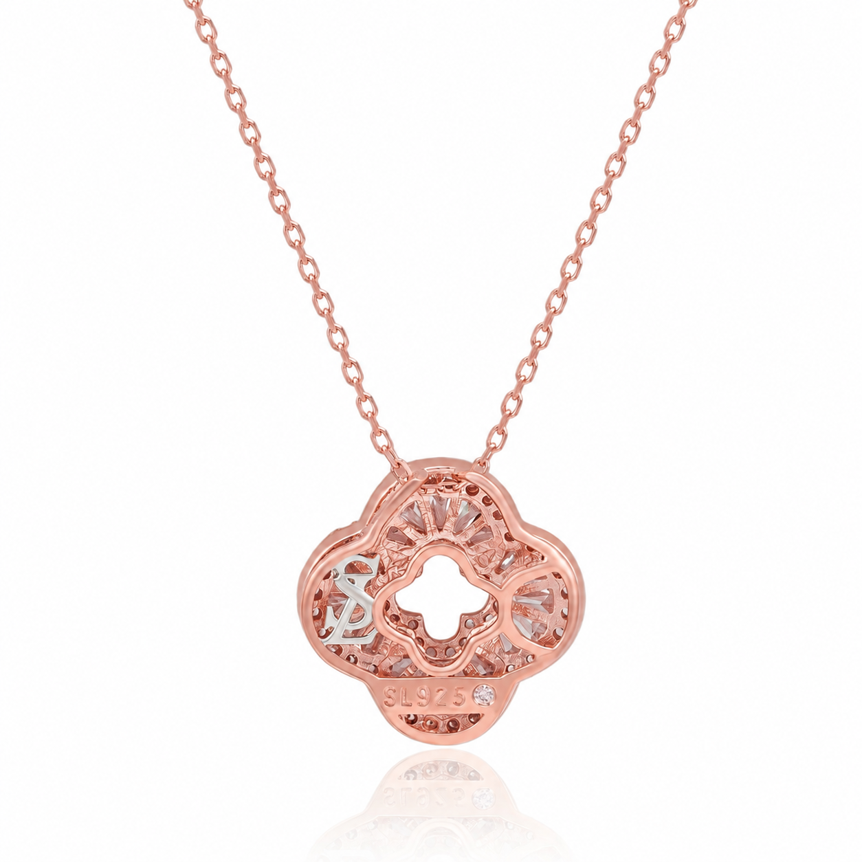 Suzy Levian Rose Sterling Silver White Cubic Zirconia Baguette Pave Flower Clover Pendant Necklace