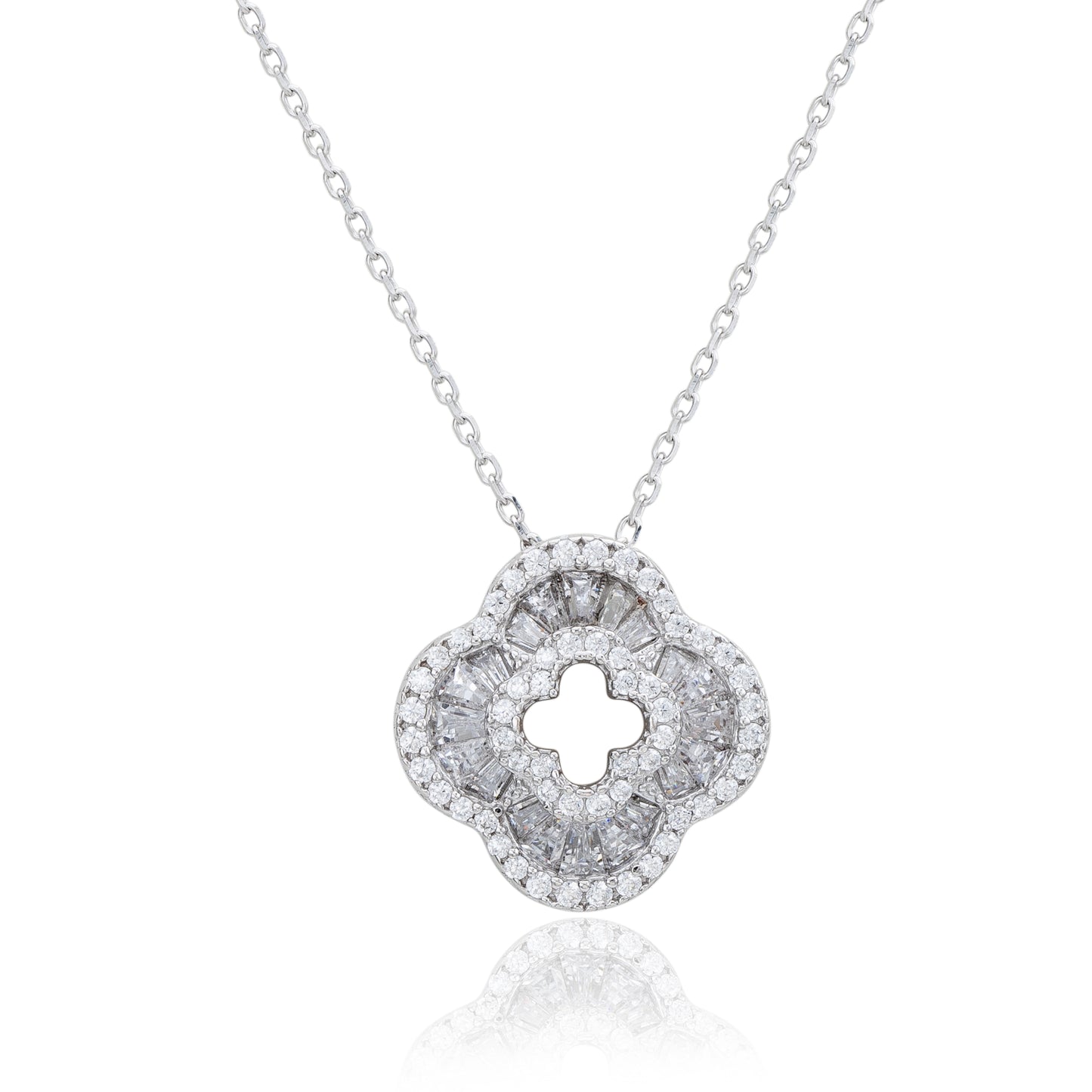Suzy Levian Sterling Silver White Cubic Zirconia Baguette Pave Flower Clover Pendant Necklace