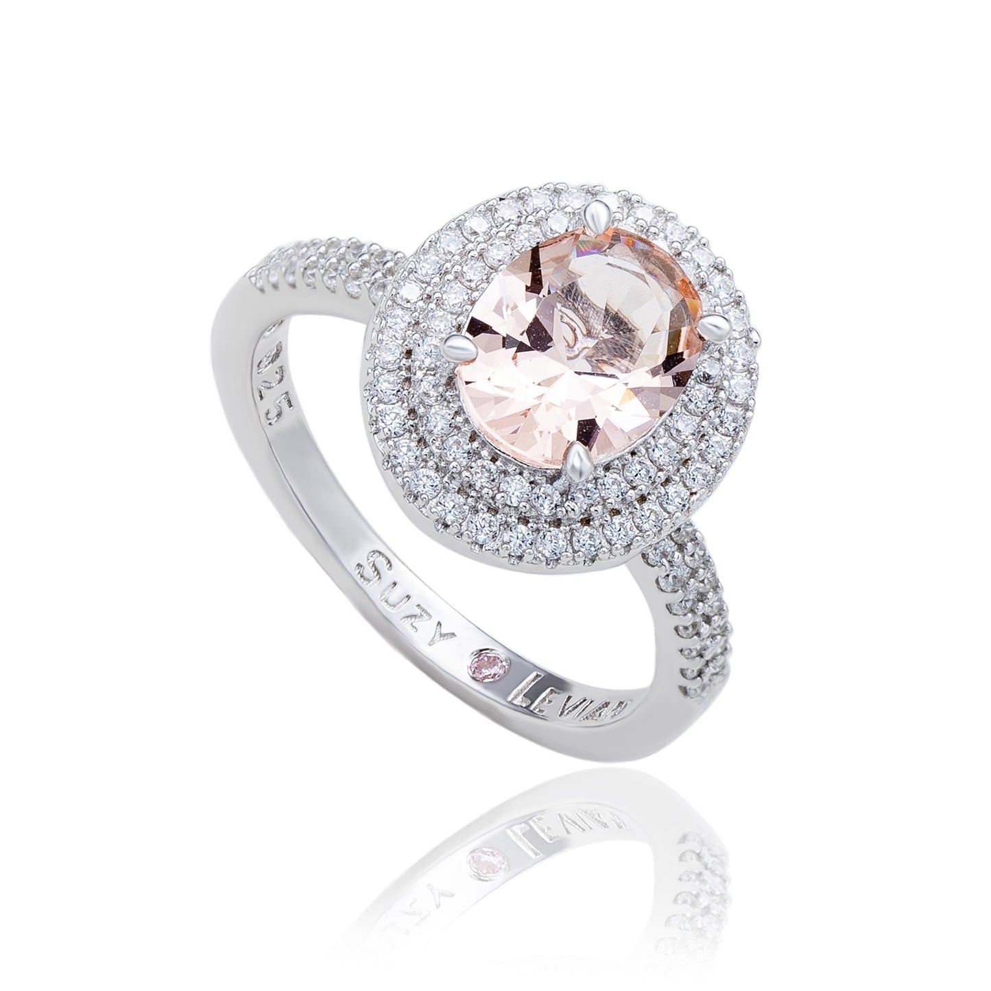 Suzy Levian Sterling Silver Pink Morganite Oval Cubic Zirconia Pave Halo Ring