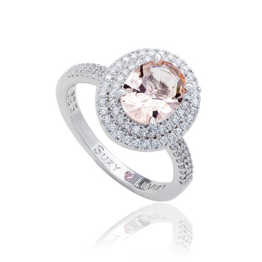 Suzy Levian Sterling Silver Pink Morganite Oval Cubic Zirconia Pave Halo Ring
