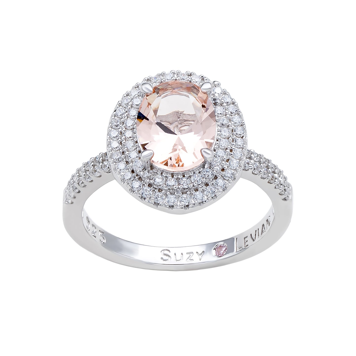 Suzy Levian Sterling Silver Pink Morganite Oval Cubic Zirconia Pave Halo Ring
