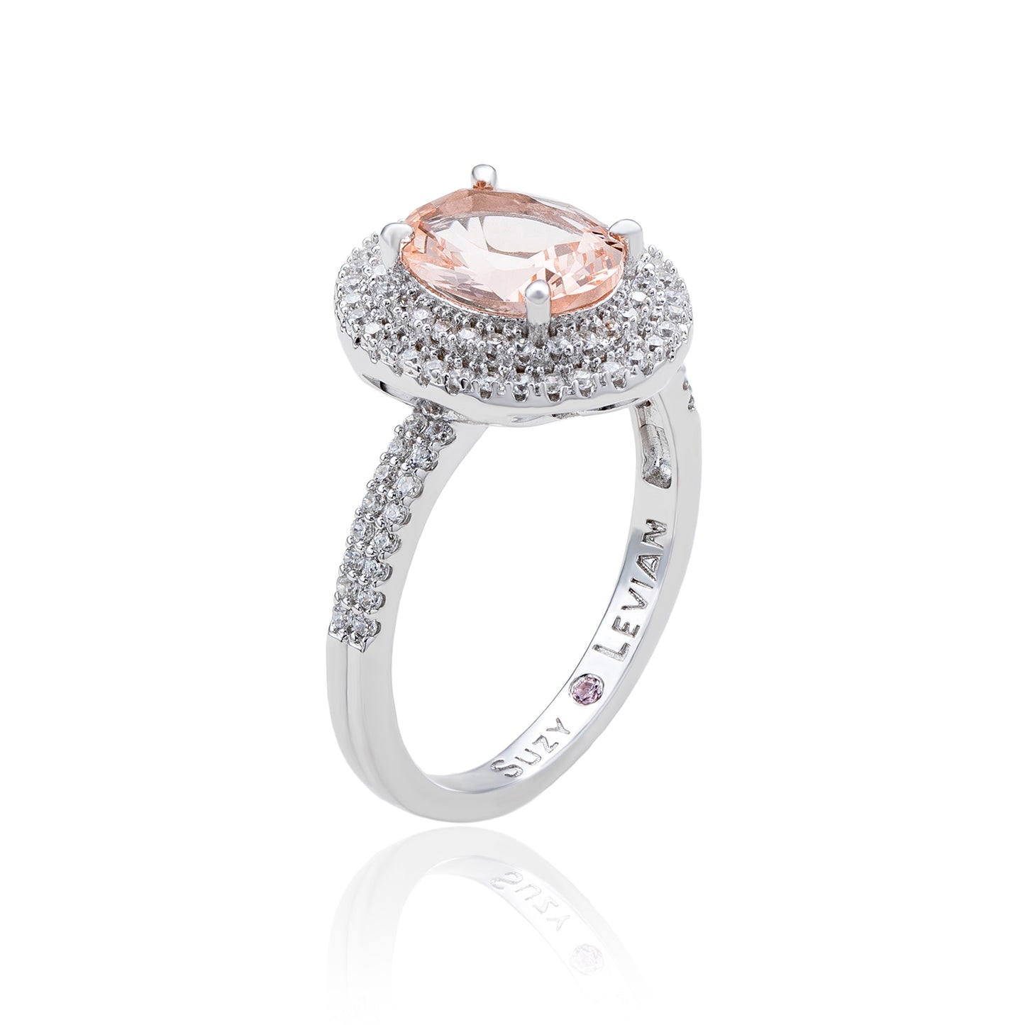 Suzy Levian Sterling Silver Pink Morganite Oval Cubic Zirconia Pave Halo Ring