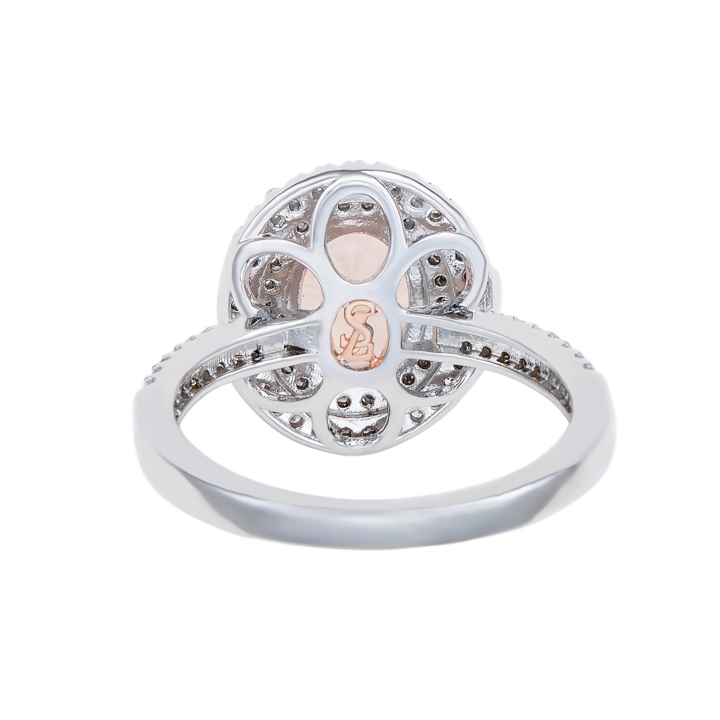Suzy Levian Sterling Silver Pink Morganite Oval Cubic Zirconia Pave Halo Ring
