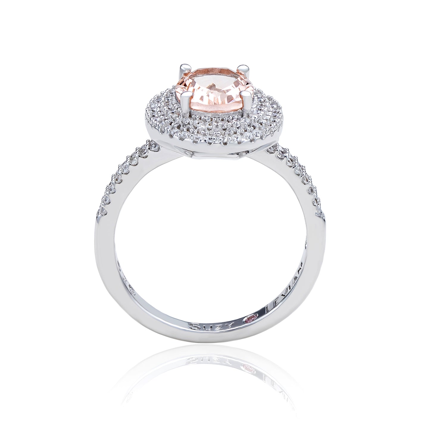 Suzy Levian Sterling Silver Pink Morganite Oval Cubic Zirconia Pave Halo Ring
