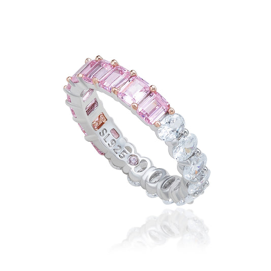 Suzy Levian Sterling Silver Half & Half Pink Emerald Cut White Oval Eternity Band