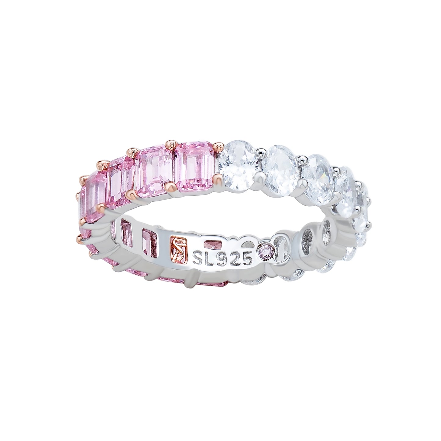 Suzy Levian Sterling Silver Half & Half Pink Emerald Cut White Oval Eternity Band