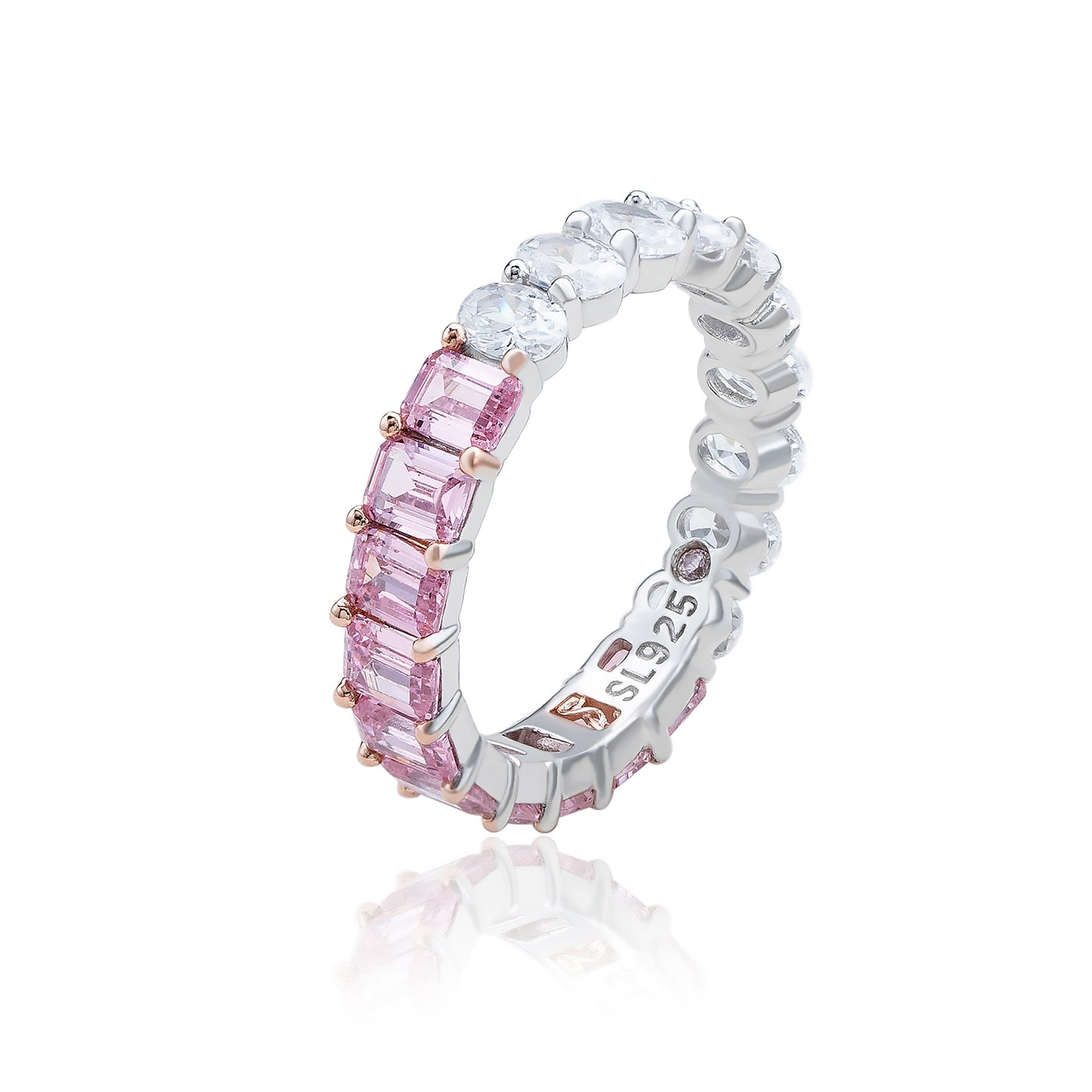 Suzy Levian Sterling Silver Half & Half Pink Emerald Cut White Oval Eternity Band