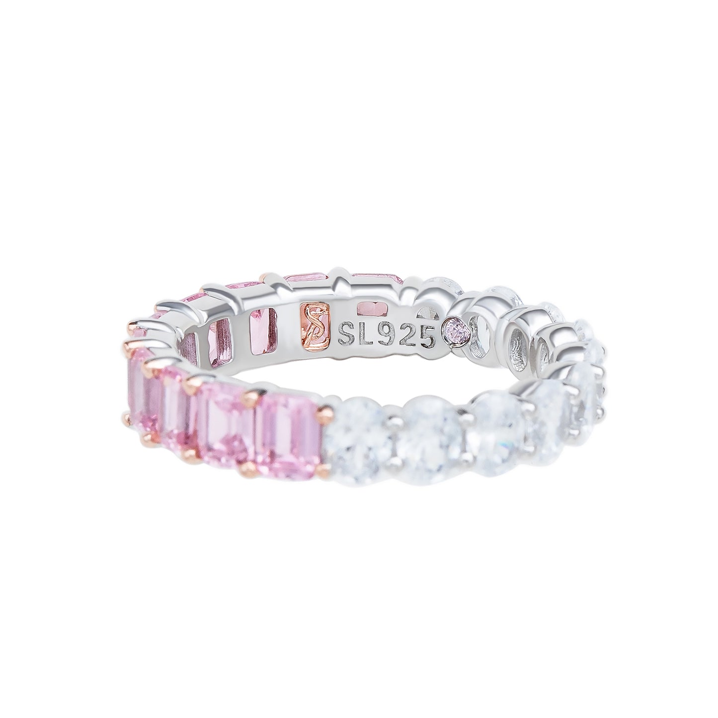 Suzy Levian Sterling Silver Half & Half Pink Emerald Cut White Oval Eternity Band