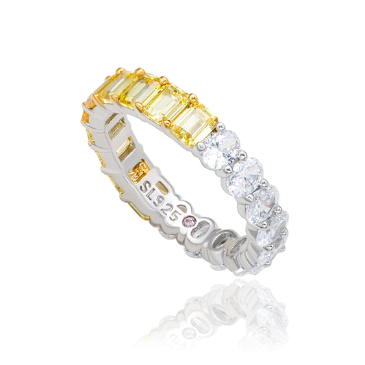 Suzy Levian Sterling Silver Half & Half Yellow Emerald Cut White Oval Eternity Band