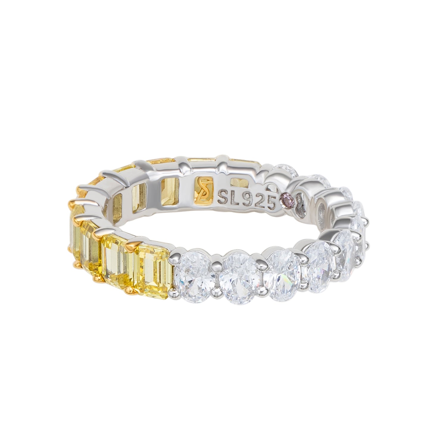 Suzy Levian Sterling Silver Half & Half Yellow Emerald Cut White Oval Eternity Band