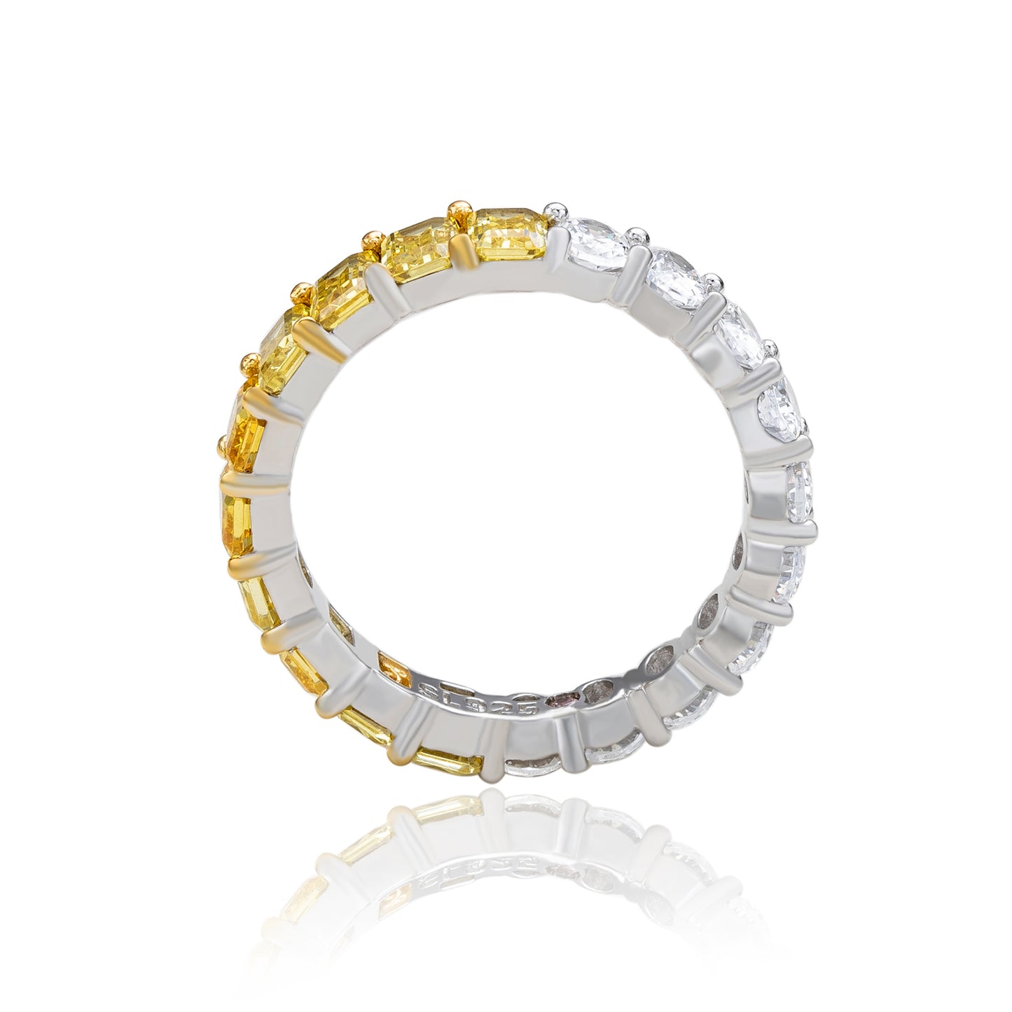 Suzy Levian Sterling Silver Half & Half Yellow Emerald Cut White Oval Eternity Band