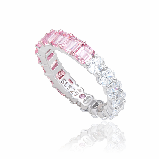 Suzy Levian Sterling Silver Half & Half Pink Emerald Cut White Oval Eternity Band