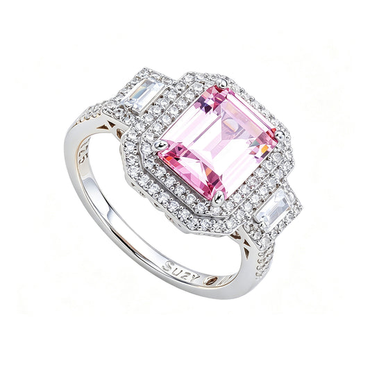 Suzy Levian Sterling Silver Emerald Cut Pink Cubic Zirconia Pave Double Halo Engagement Ring