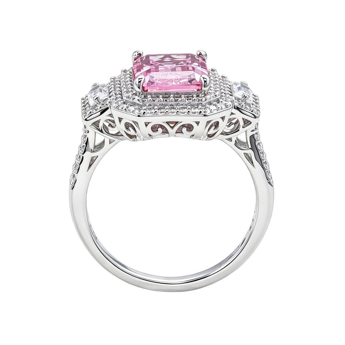 Suzy Levian Sterling Silver Emerald Cut Pink Cubic Zirconia Pave Double Halo Engagement Ring