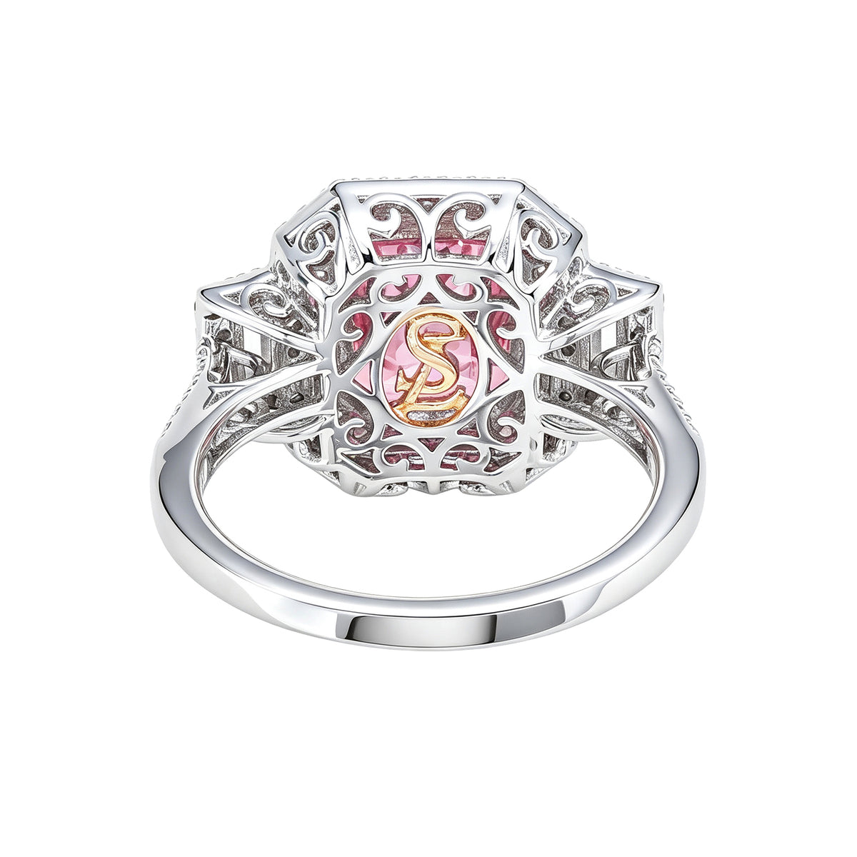 Suzy Levian Sterling Silver Emerald Cut Pink Cubic Zirconia Pave Double Halo Engagement Ring