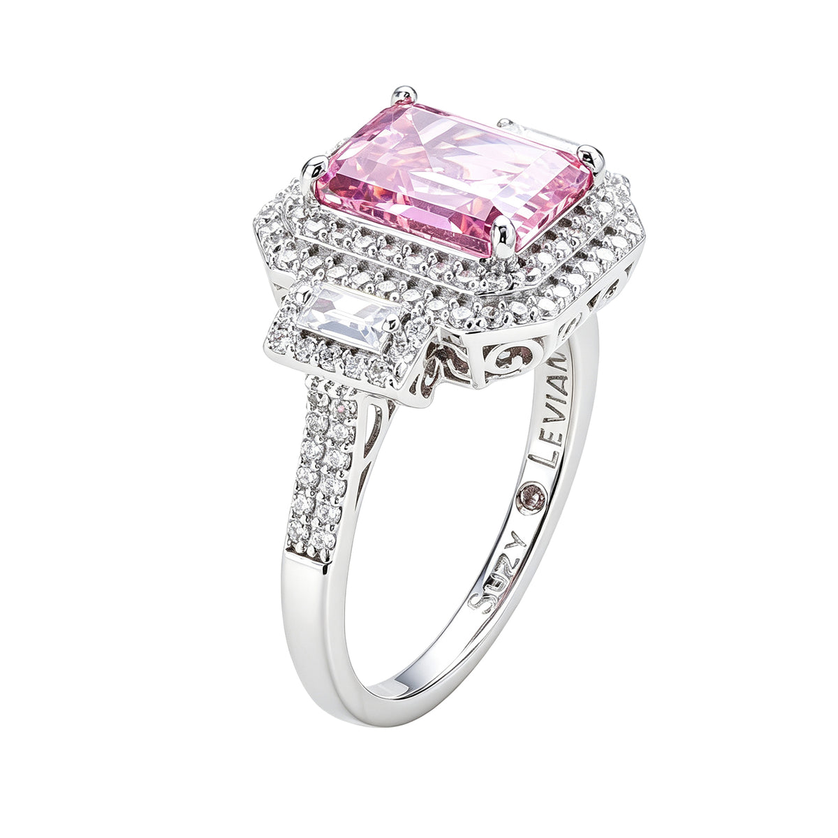 Suzy Levian Sterling Silver Emerald Cut Pink Cubic Zirconia Pave Double Halo Engagement Ring