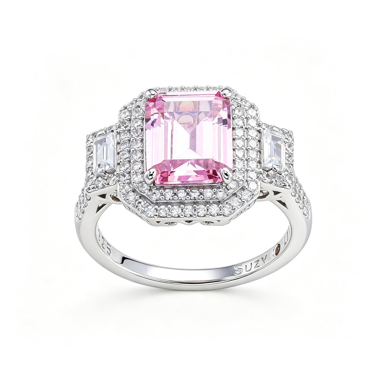 Suzy Levian Sterling Silver Emerald Cut Pink Cubic Zirconia Pave Double Halo Engagement Ring