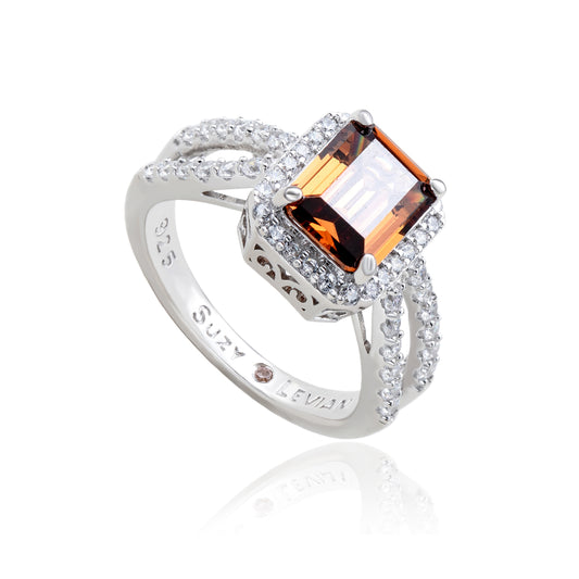 Suzy Levian Sterling Silver Emerald Cut Brown & White Cubic Zirconia Ring