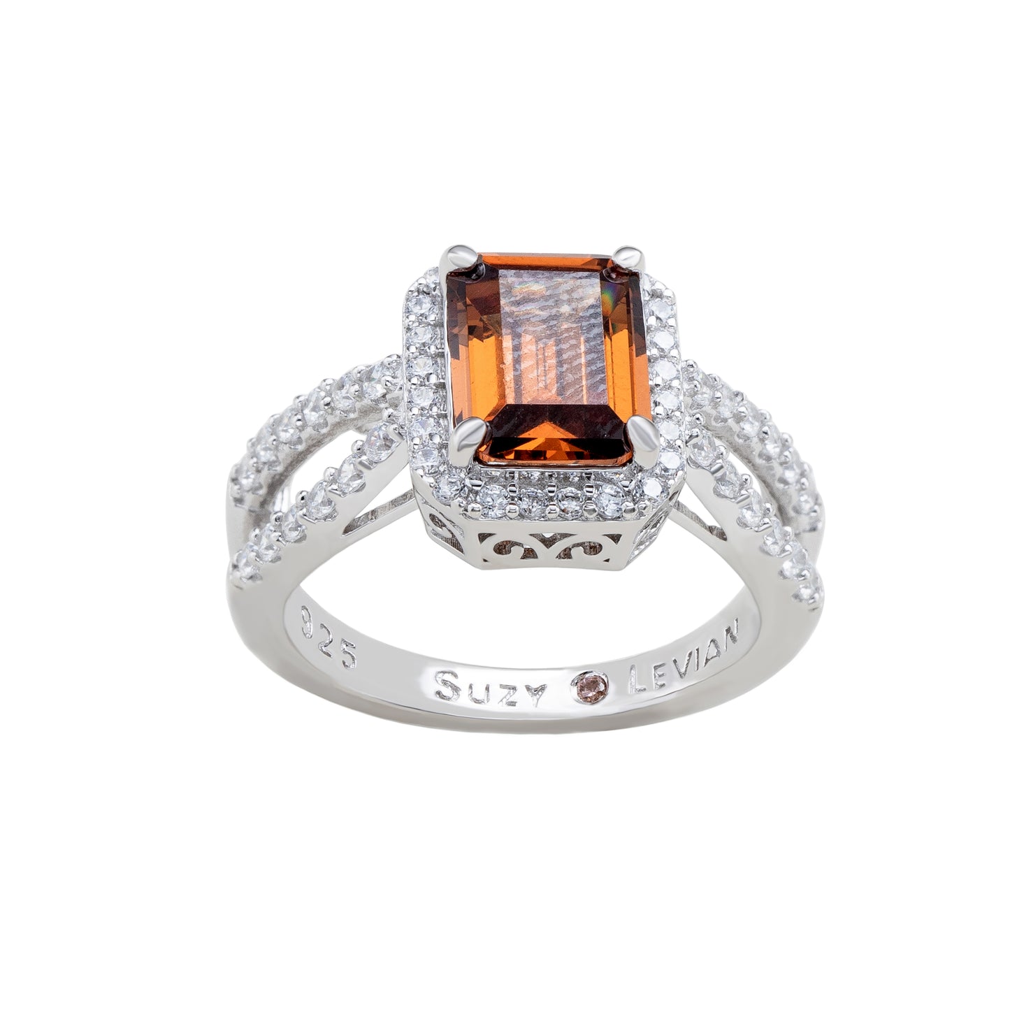 Suzy Levian Sterling Silver Emerald Cut Brown & White Cubic Zirconia Ring