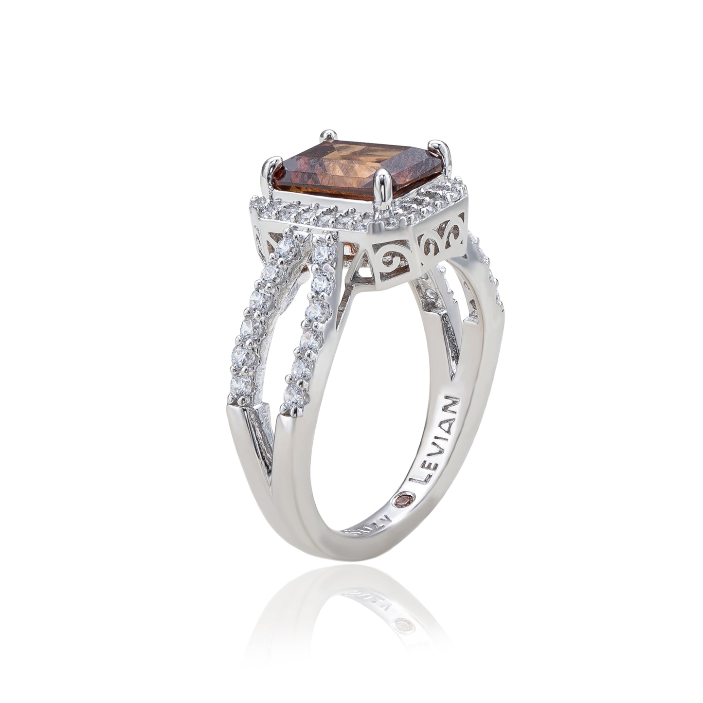 Suzy Levian Sterling Silver Emerald Cut Brown & White Cubic Zirconia Ring