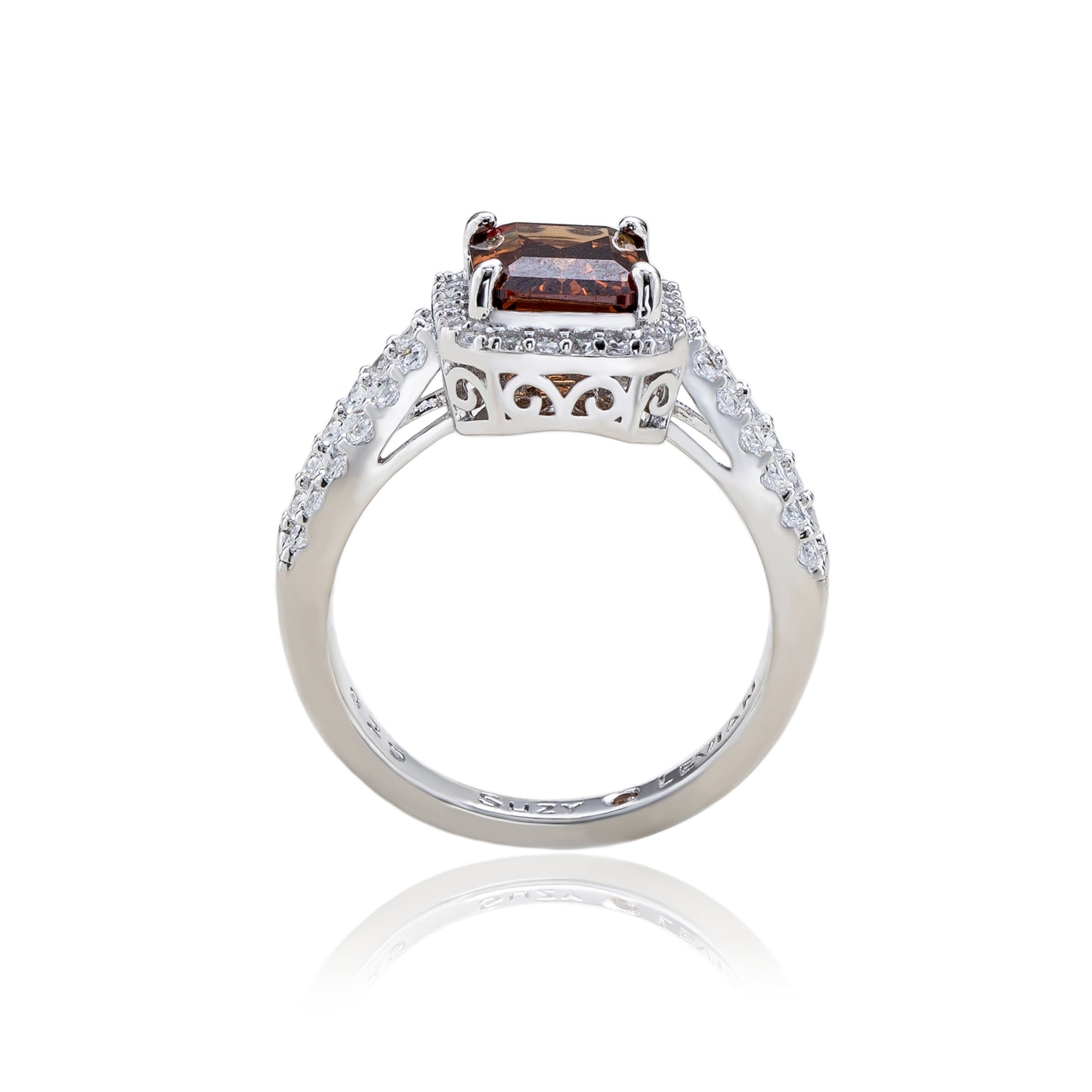 Suzy Levian Sterling Silver Emerald Cut Brown & White Cubic Zirconia Ring