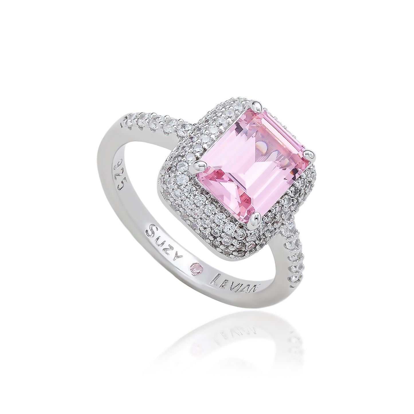Suzy Levian Sterling Silver Pink Cubic Zirconia Pave Halo Engagement Ring