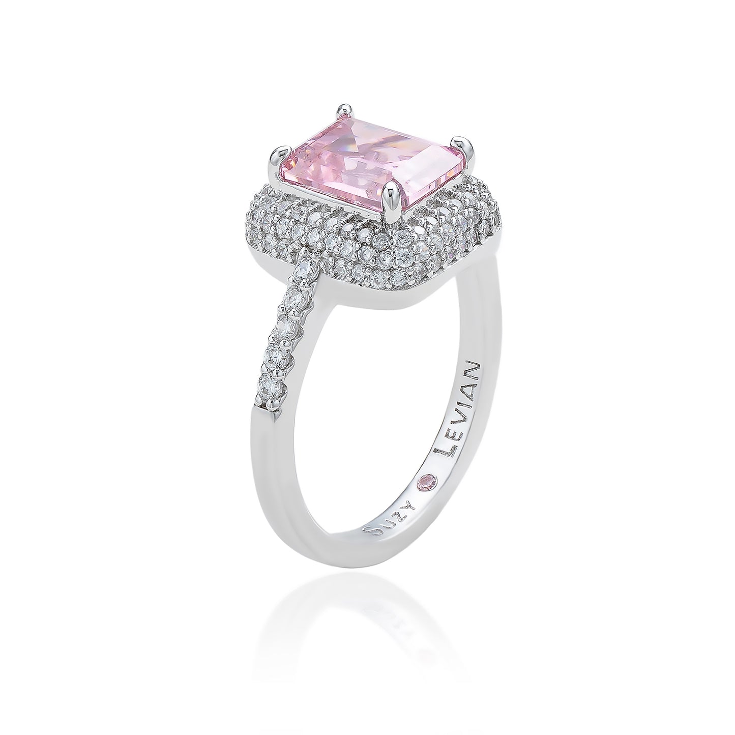 Suzy Levian Sterling Silver Pink Cubic Zirconia Pave Halo Engagement Ring