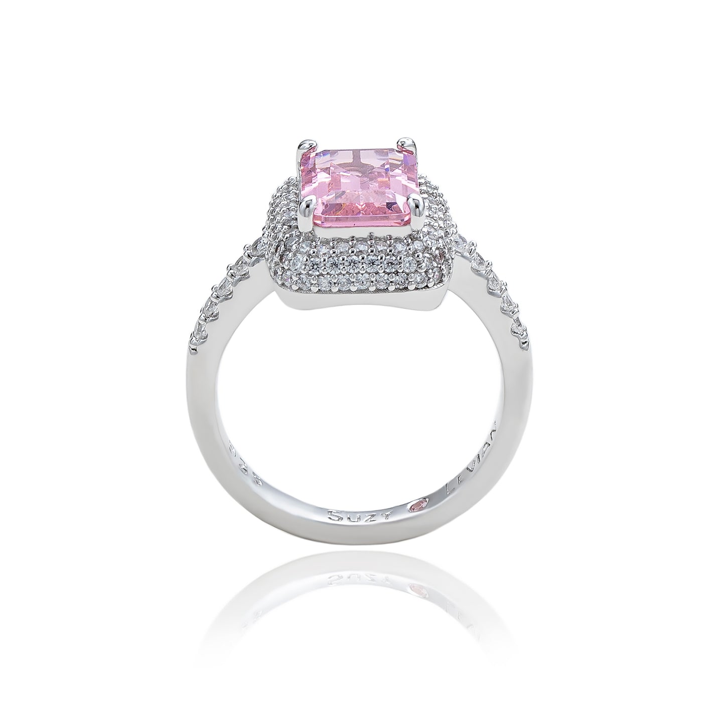 Suzy Levian Sterling Silver Pink Cubic Zirconia Pave Halo Engagement Ring