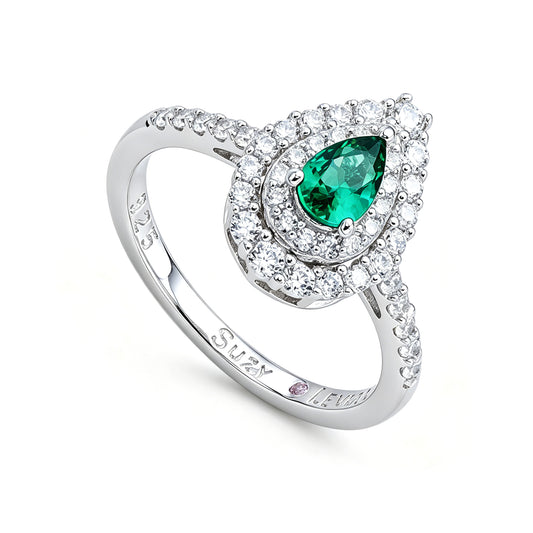 Suzy Levian Sterling Silver Pear Shape Green Cubic Zirconia Double Halo Ring