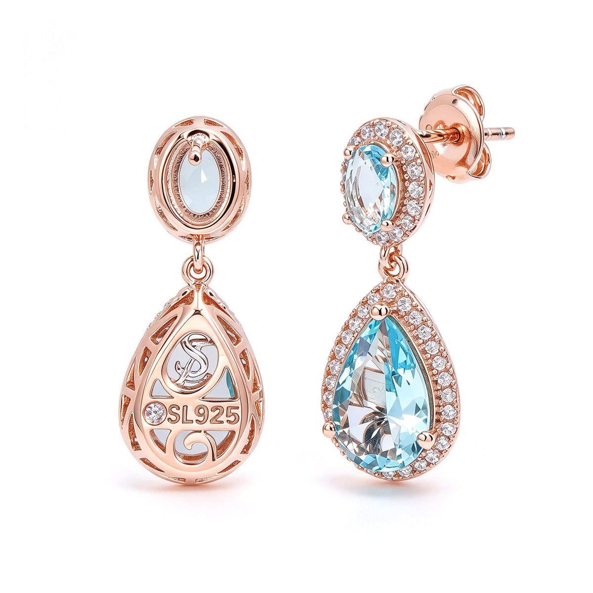 Suzy Levian Rose Sterling Silver Pear Shape Aqua Blue CZ & White CZ Pave Drop Earrings