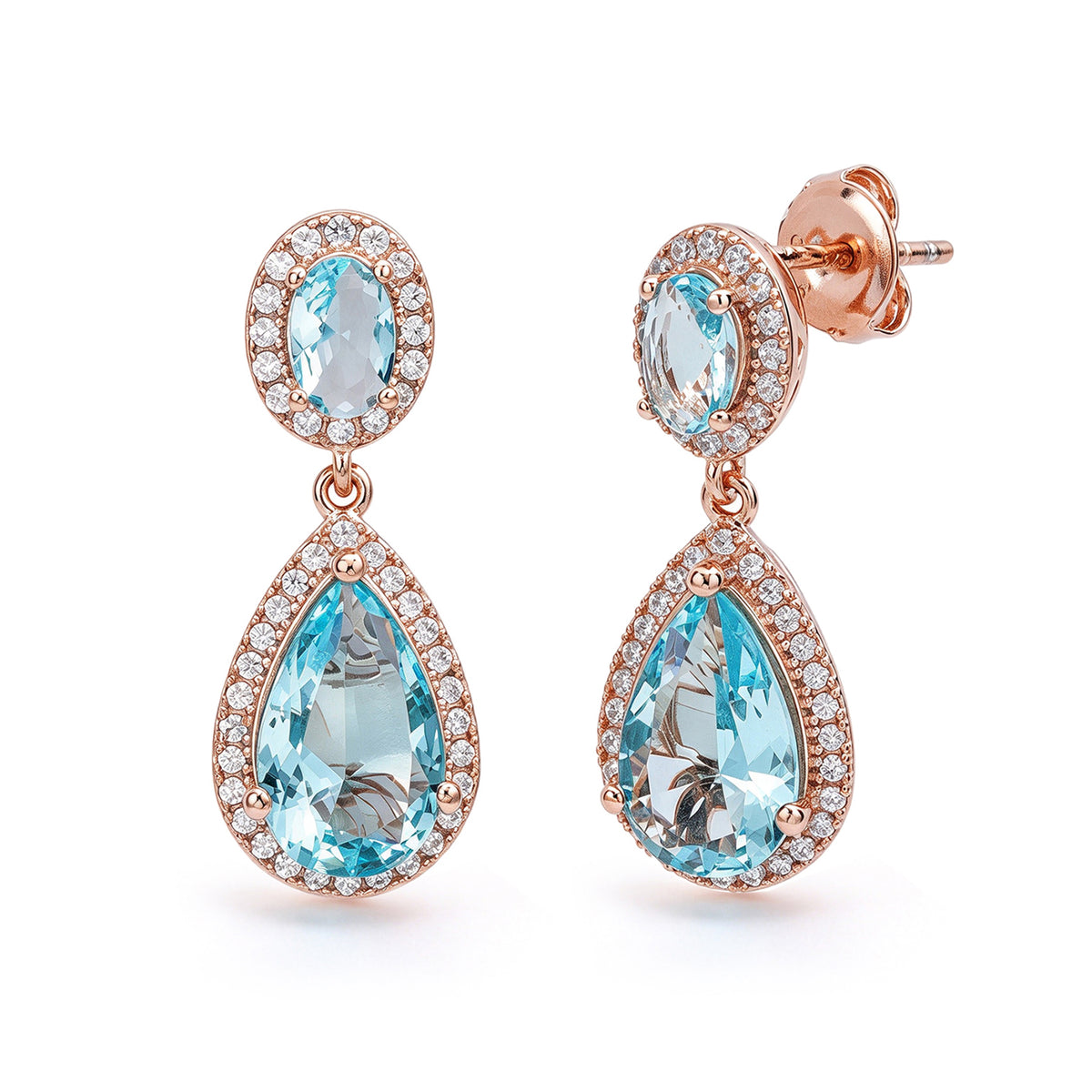 Suzy Levian Rose Sterling Silver Pear Shape Aqua Blue CZ & White CZ Pave Drop Earrings