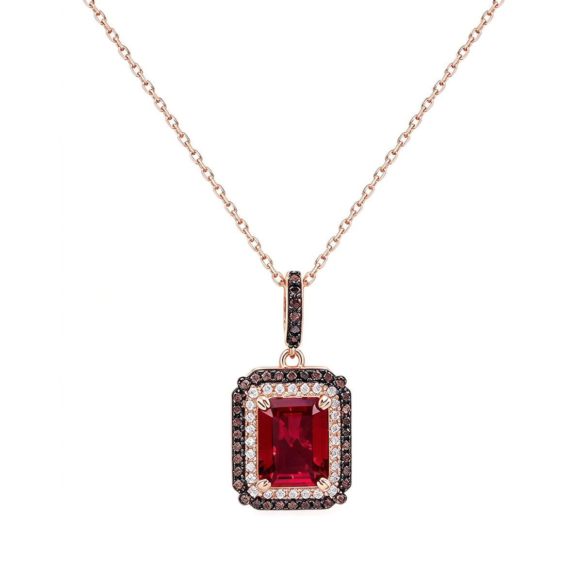 Suzy Levian Rose Sterling Silver Red Cubic Zirconia & Brown and White Double Halo Pendant Necklace