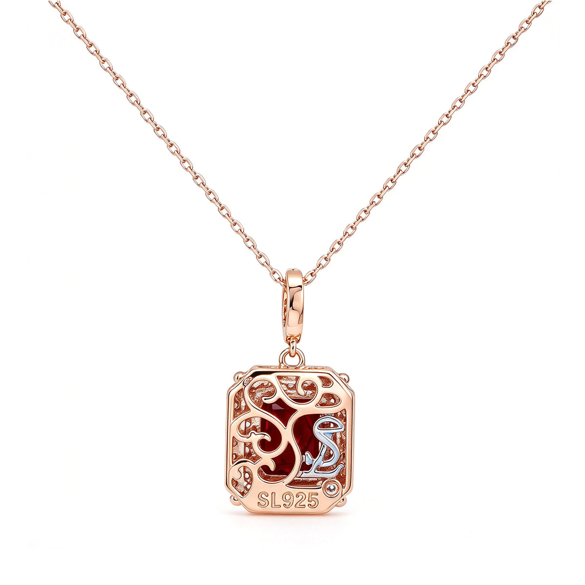 Suzy Levian Rose Sterling Silver Red Cubic Zirconia & Brown and White Double Halo Pendant Necklace