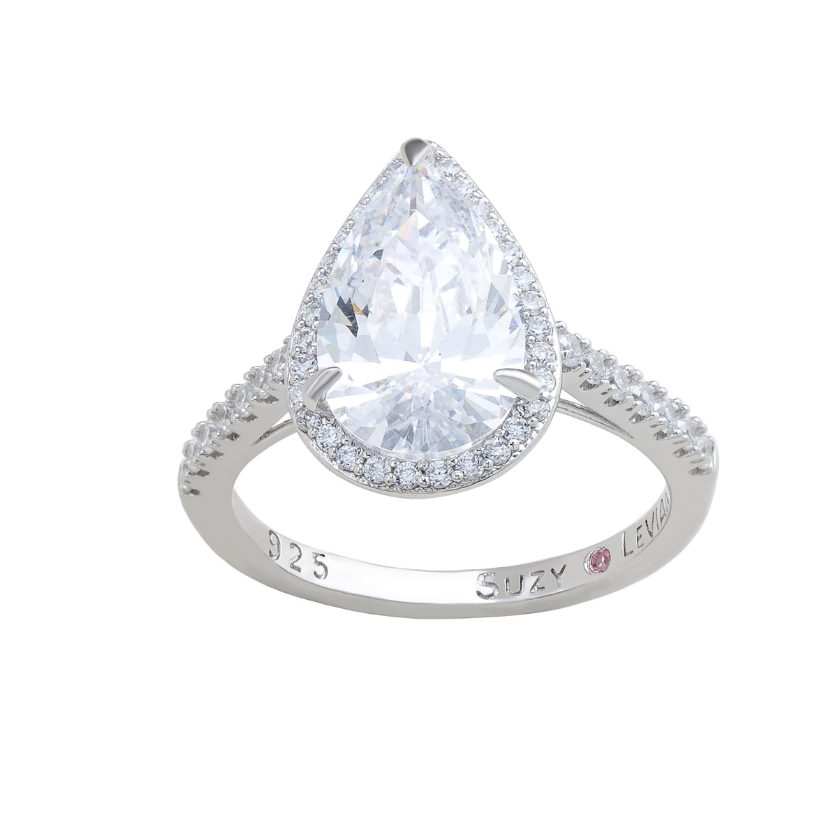 Suzy Levian Sterling Silver Large Pear Shape White Cubic Zirconia Halo Engagement Ring
