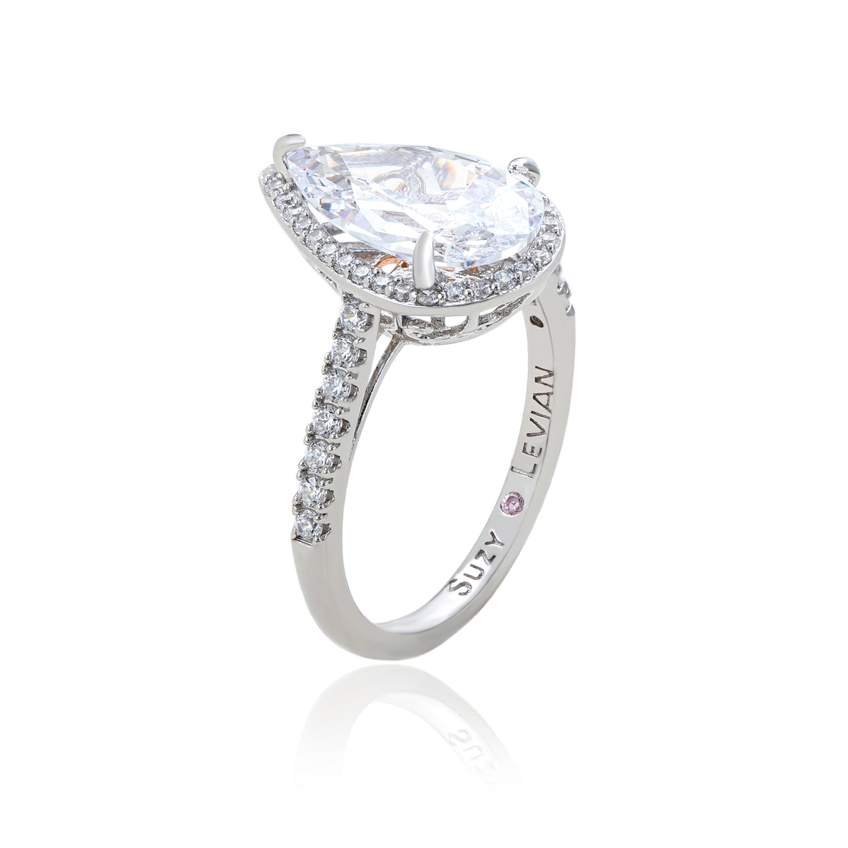 Suzy Levian Sterling Silver Large Pear Shape White Cubic Zirconia Halo Engagement Ring