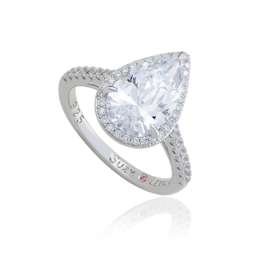 Suzy Levian Sterling Silver Large Pear Shape White Cubic Zirconia Halo Engagement Ring