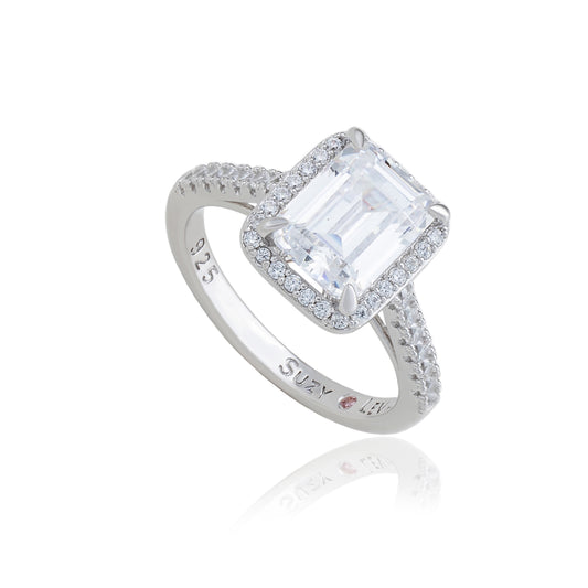 Suzy Levian Sterling Silver Emerald Cut White Cubic Zirconia Halo Engagement Ring