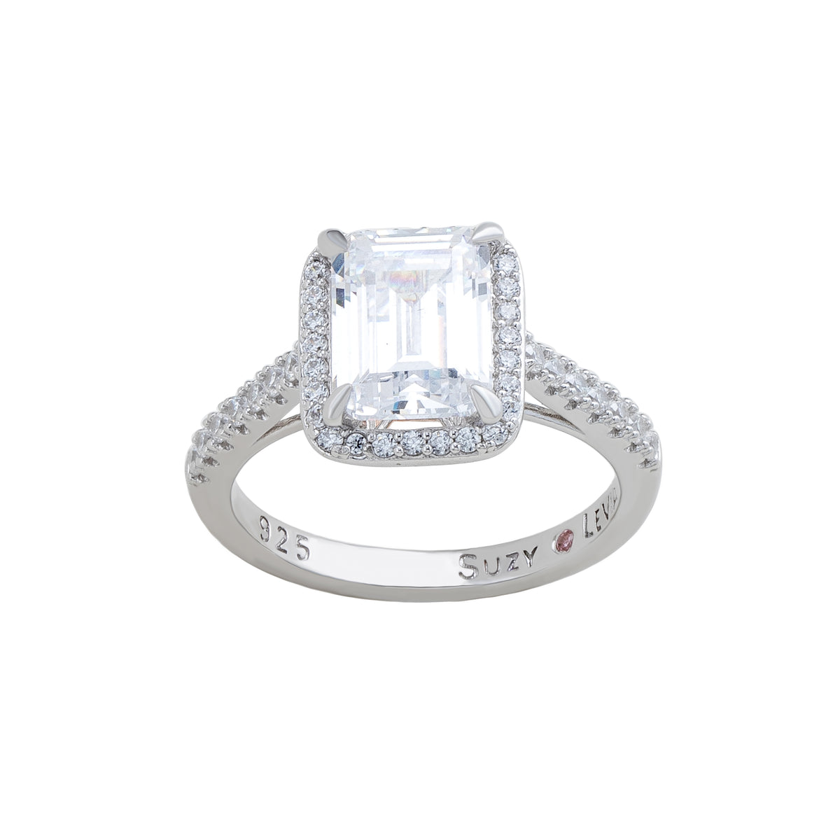 Suzy Levian Sterling Silver Emerald Cut White Cubic Zirconia Halo Engagement Ring
