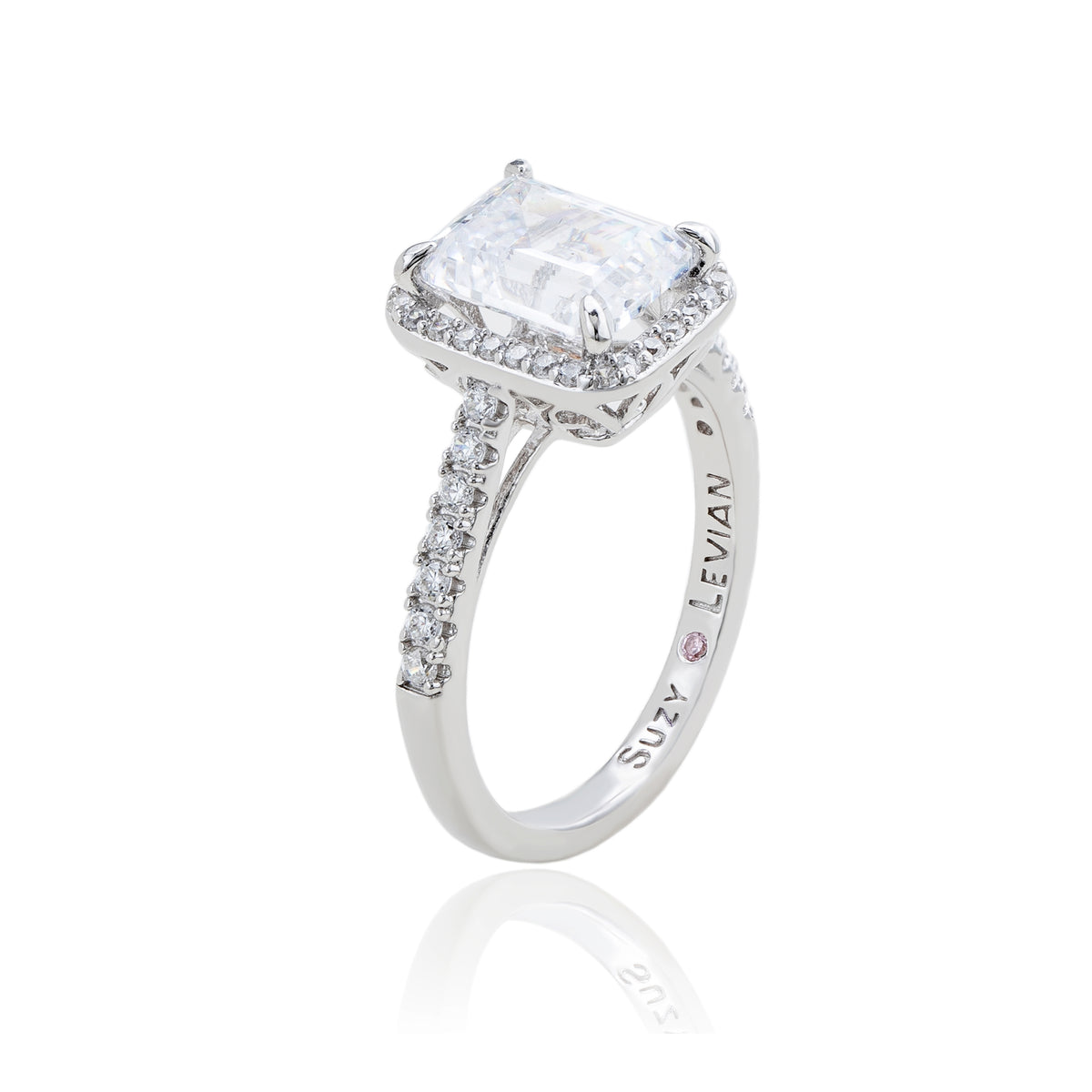 Suzy Levian Sterling Silver Emerald Cut White Cubic Zirconia Halo Engagement Ring